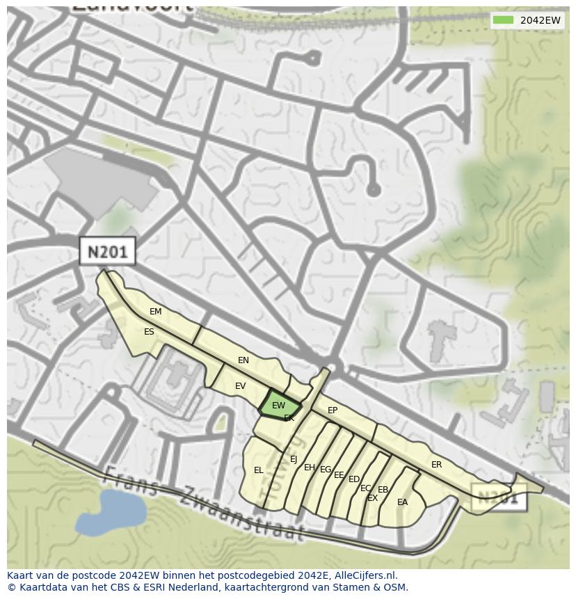 Afbeelding van het postcodegebied 2042 EW op de kaart.