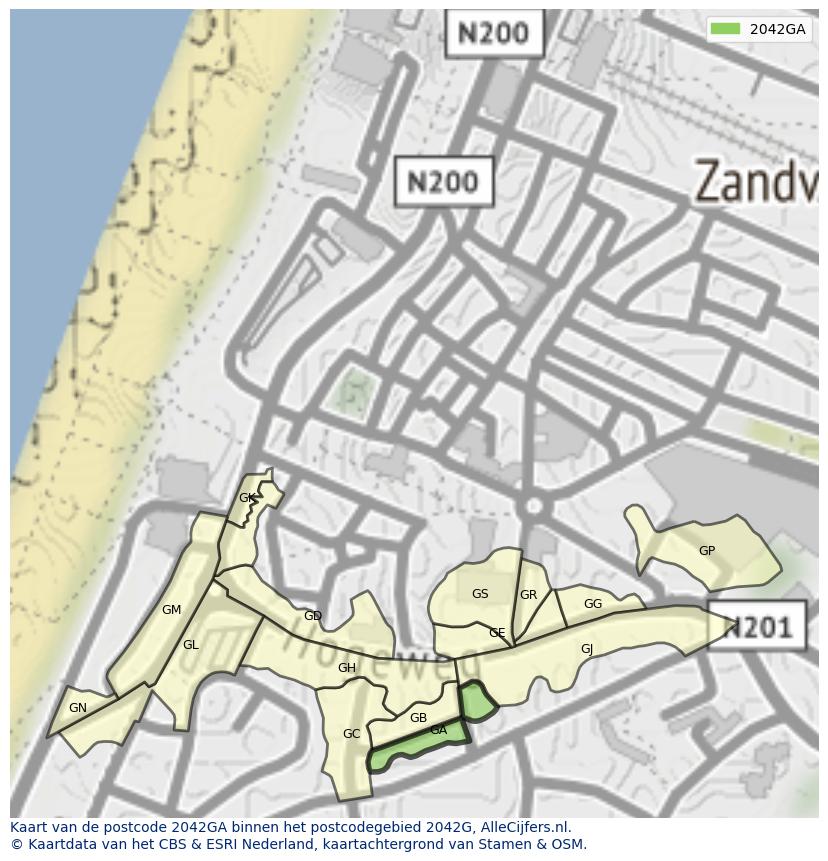 Afbeelding van het postcodegebied 2042 GA op de kaart.
