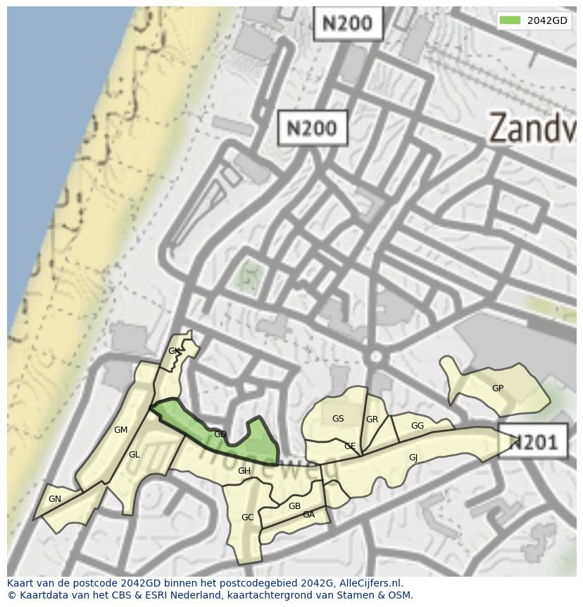 Afbeelding van het postcodegebied 2042 GD op de kaart.