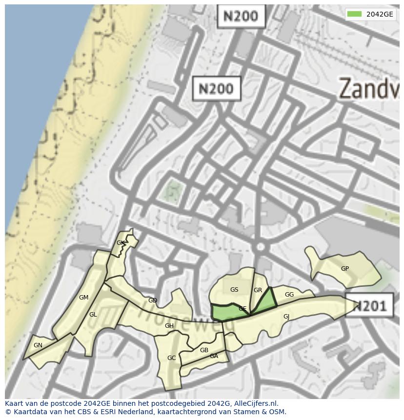 Afbeelding van het postcodegebied 2042 GE op de kaart.