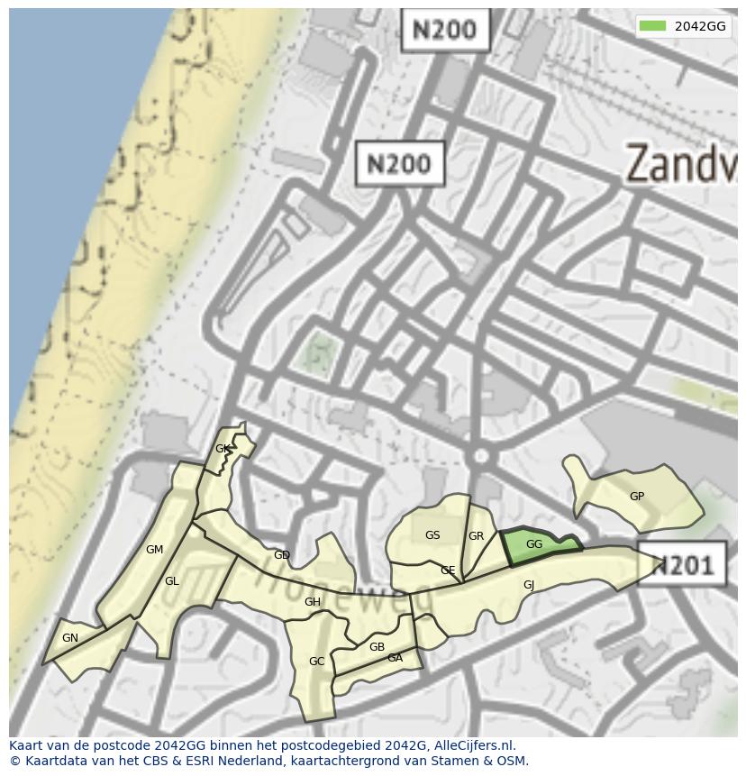 Afbeelding van het postcodegebied 2042 GG op de kaart.