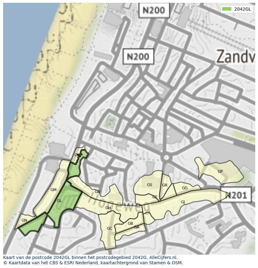 Afbeelding van het postcodegebied 2042 GL op de kaart.
