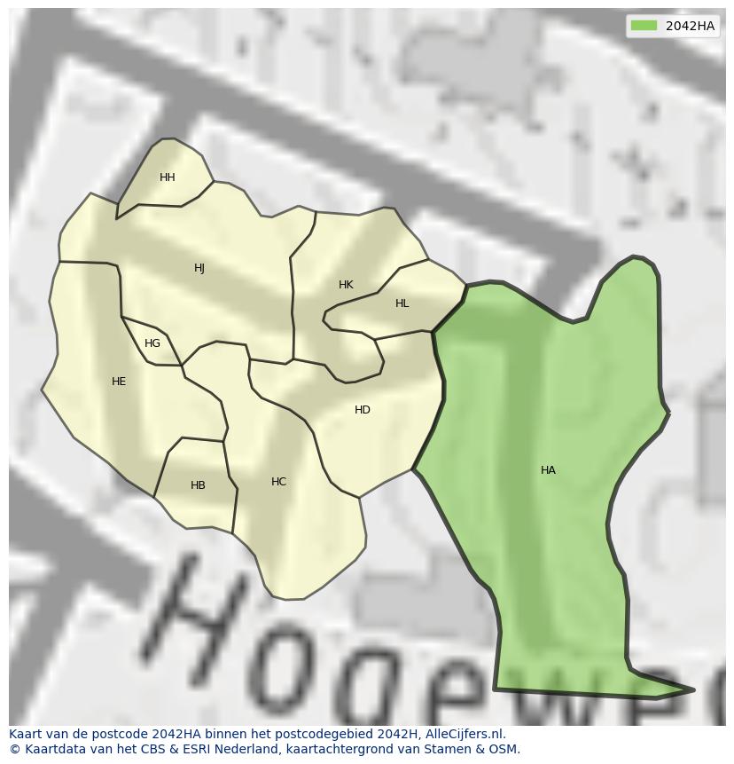 Afbeelding van het postcodegebied 2042 HA op de kaart.