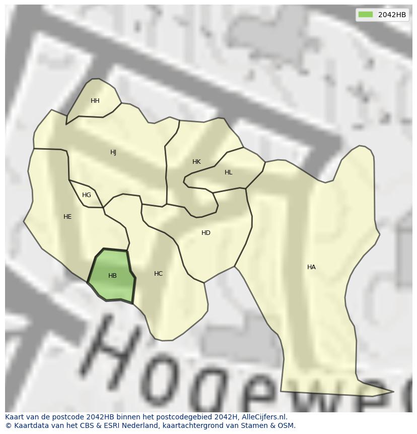 Afbeelding van het postcodegebied 2042 HB op de kaart.