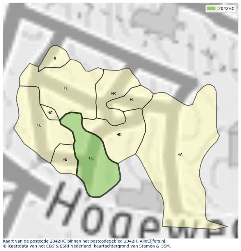 Afbeelding van het postcodegebied 2042 HC op de kaart.