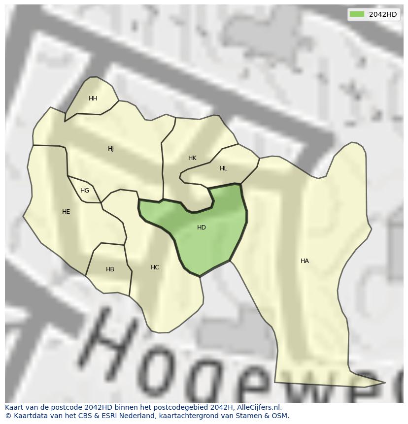Afbeelding van het postcodegebied 2042 HD op de kaart.