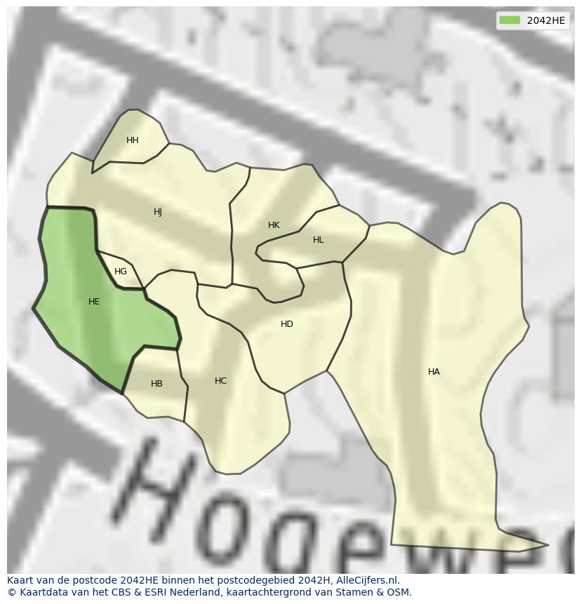 Afbeelding van het postcodegebied 2042 HE op de kaart.