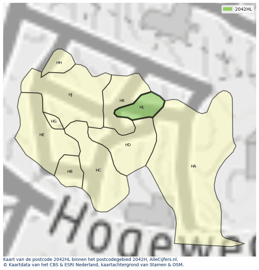 Afbeelding van het postcodegebied 2042 HL op de kaart.