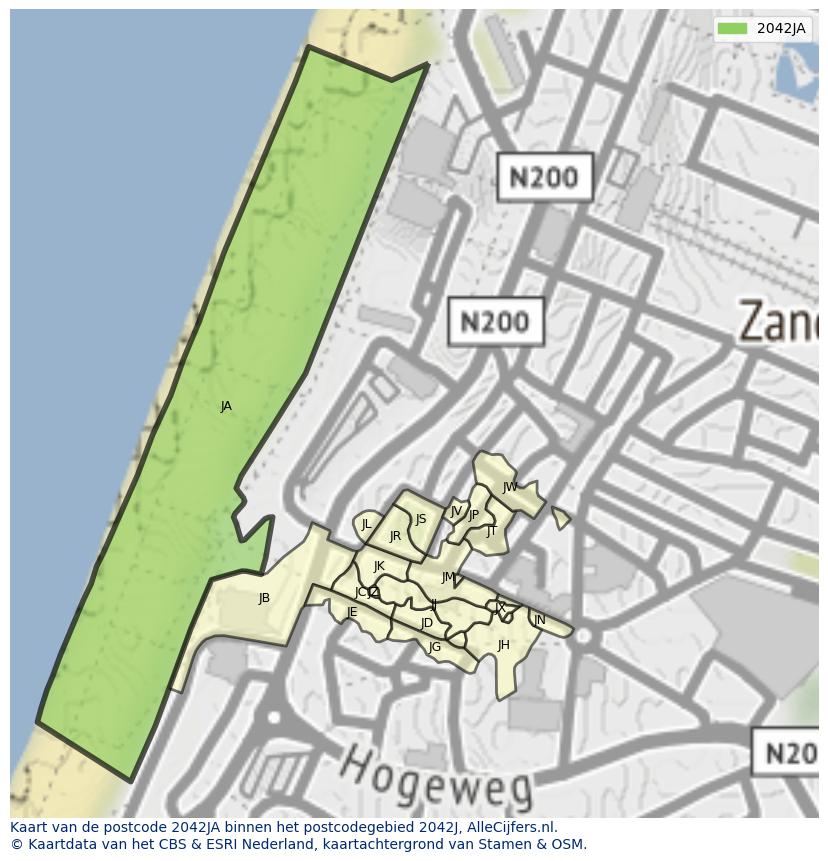 Afbeelding van het postcodegebied 2042 JA op de kaart.