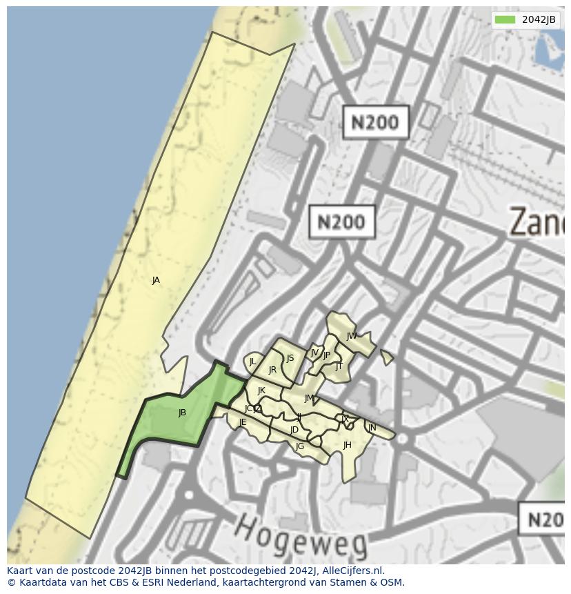 Afbeelding van het postcodegebied 2042 JB op de kaart.