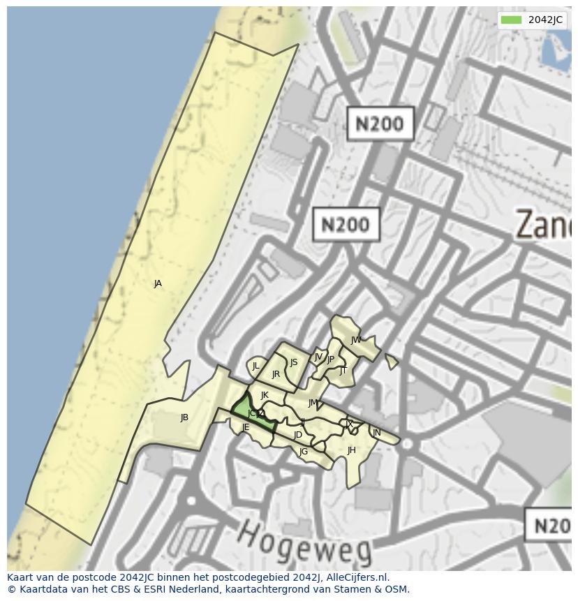 Afbeelding van het postcodegebied 2042 JC op de kaart.