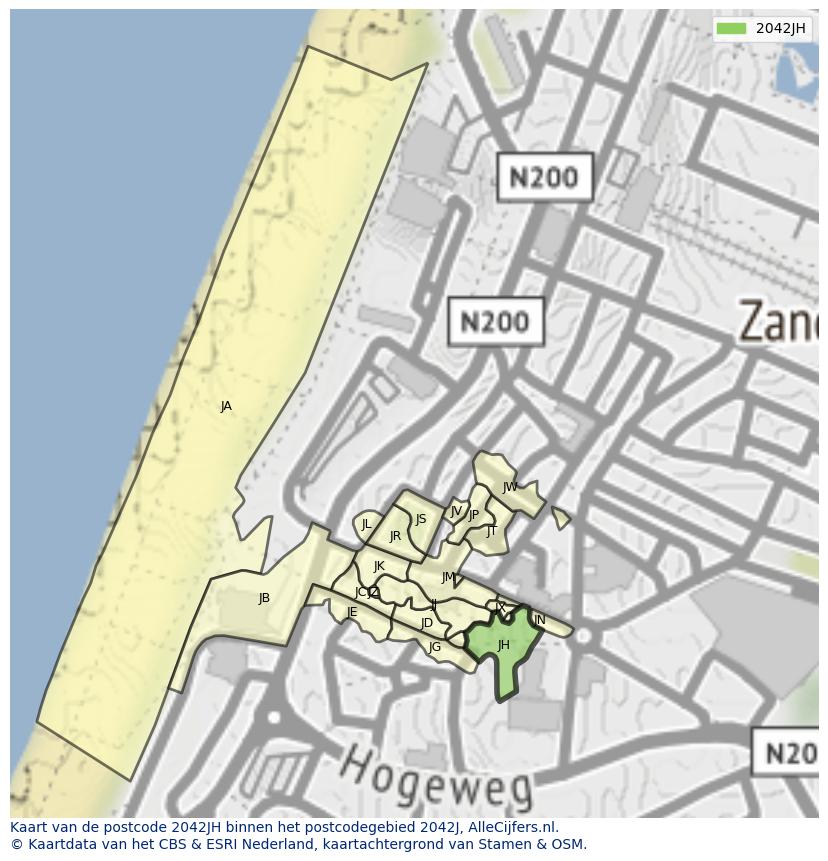 Afbeelding van het postcodegebied 2042 JH op de kaart.