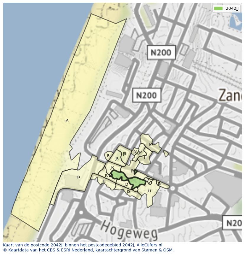 Afbeelding van het postcodegebied 2042 JJ op de kaart.