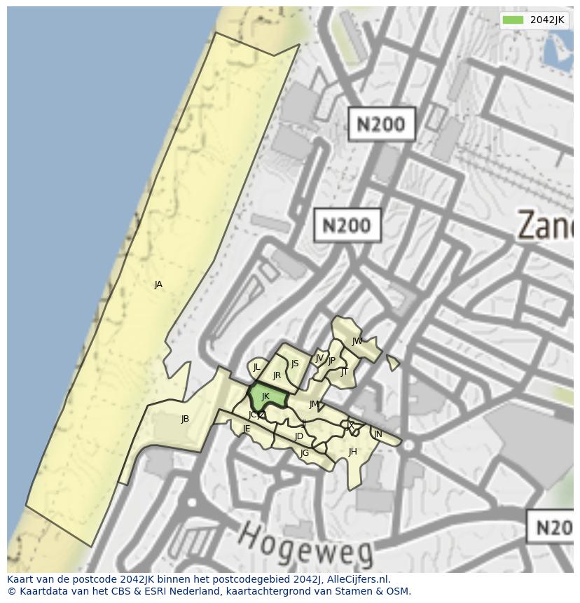 Afbeelding van het postcodegebied 2042 JK op de kaart.