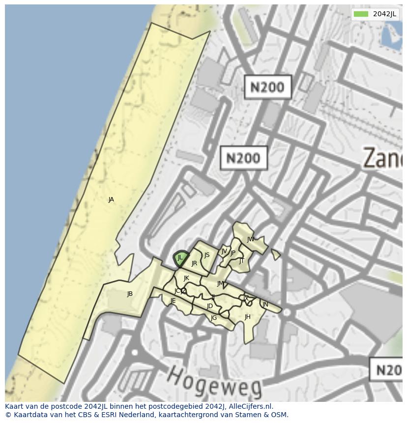 Afbeelding van het postcodegebied 2042 JL op de kaart.