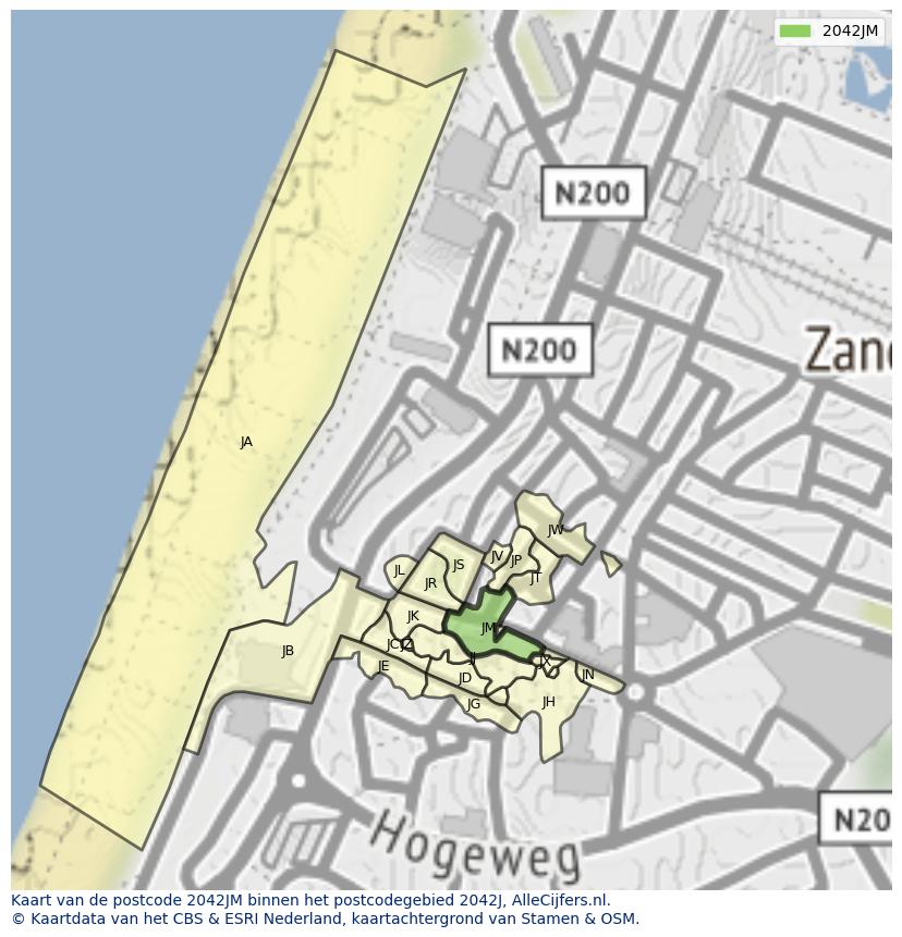 Afbeelding van het postcodegebied 2042 JM op de kaart.