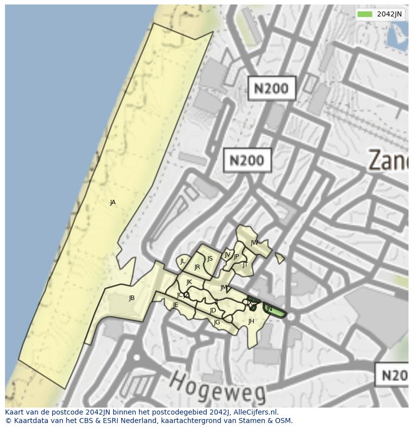 Afbeelding van het postcodegebied 2042 JN op de kaart.