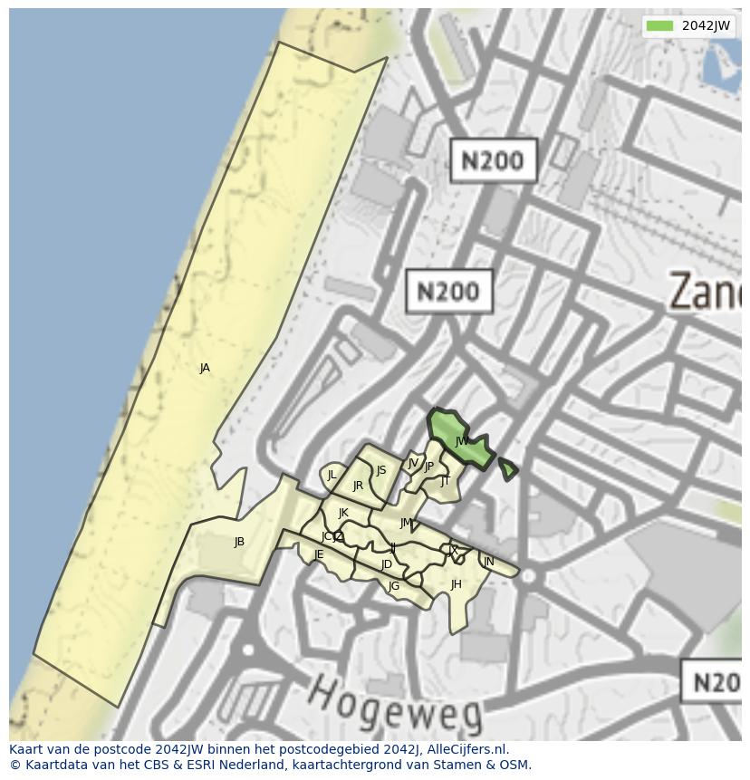 Afbeelding van het postcodegebied 2042 JW op de kaart.