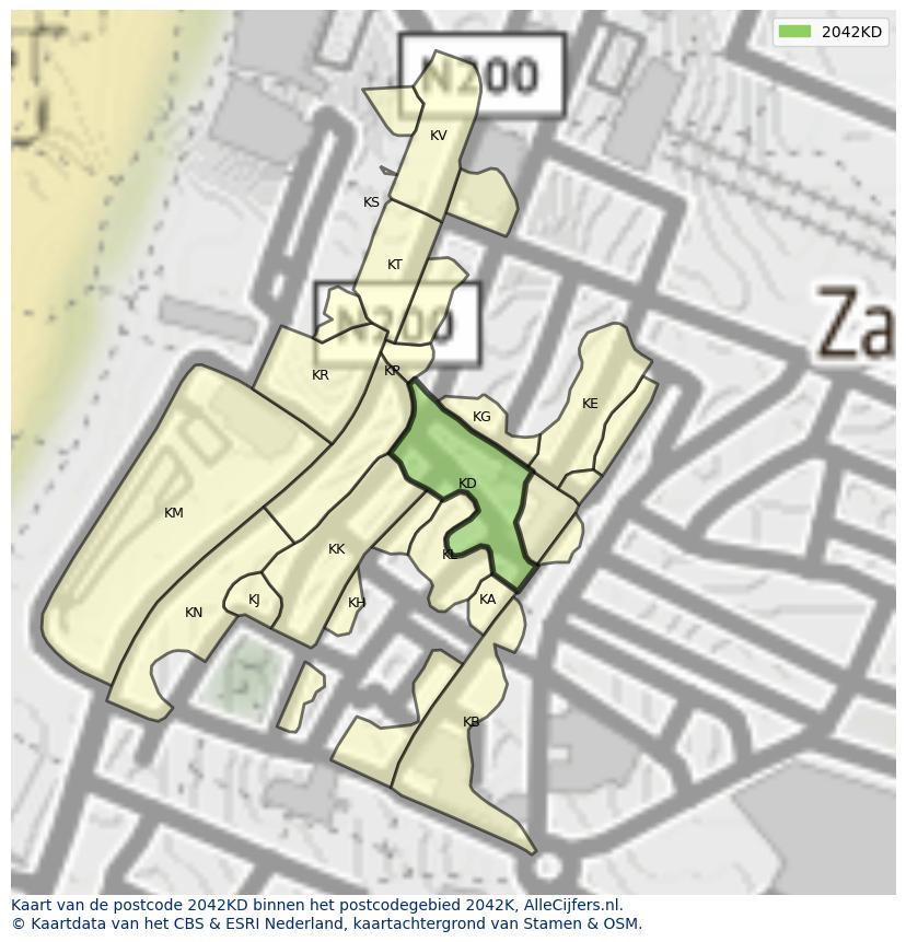 Afbeelding van het postcodegebied 2042 KD op de kaart.