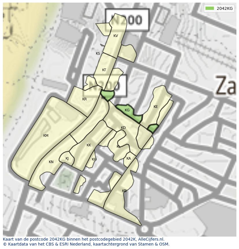 Afbeelding van het postcodegebied 2042 KG op de kaart.