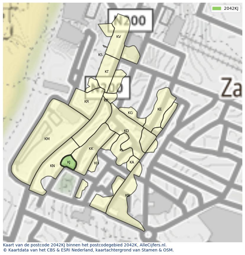 Afbeelding van het postcodegebied 2042 KJ op de kaart.