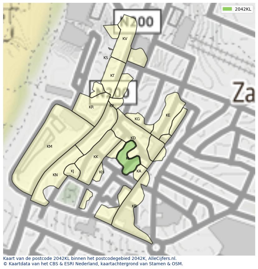 Afbeelding van het postcodegebied 2042 KL op de kaart.