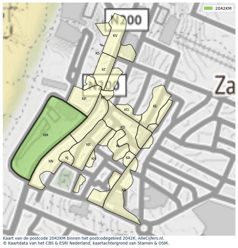 Afbeelding van het postcodegebied 2042 KM op de kaart.