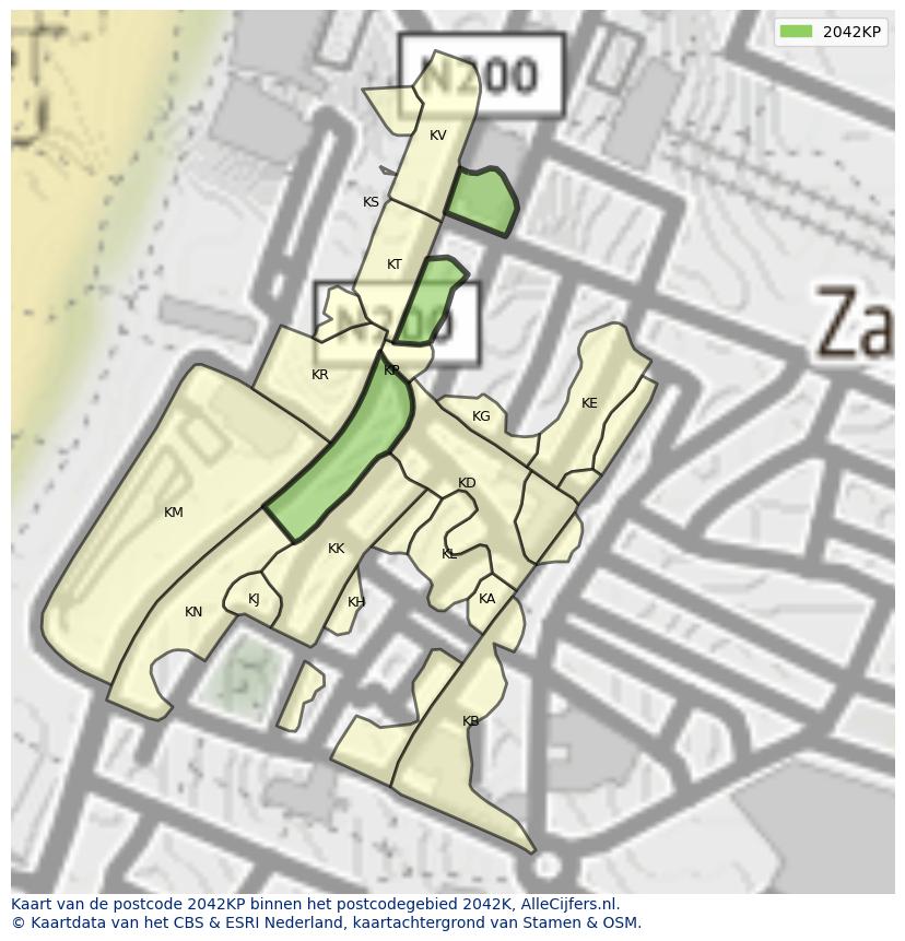 Afbeelding van het postcodegebied 2042 KP op de kaart.