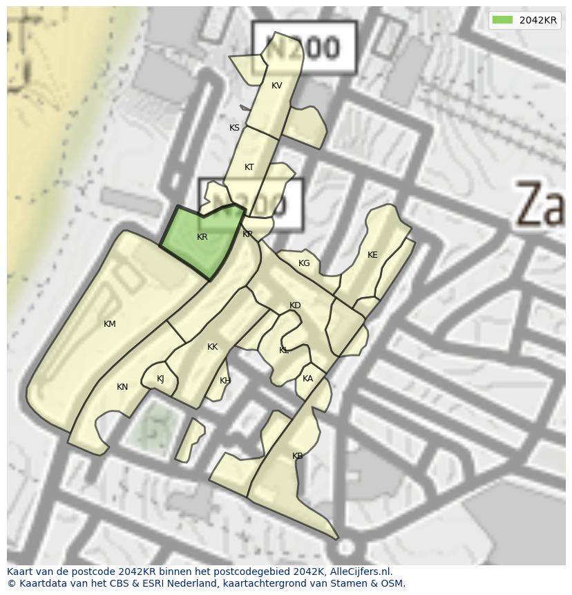 Afbeelding van het postcodegebied 2042 KR op de kaart.