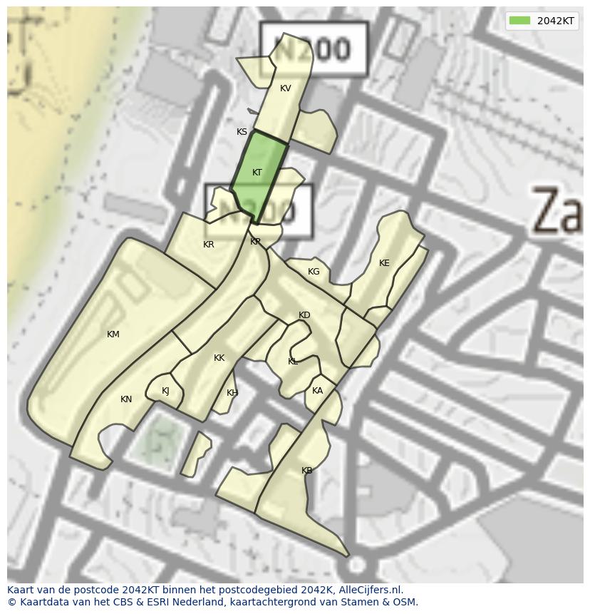 Afbeelding van het postcodegebied 2042 KT op de kaart.