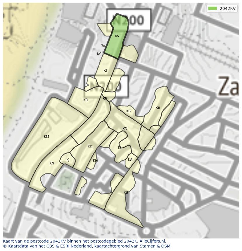 Afbeelding van het postcodegebied 2042 KV op de kaart.