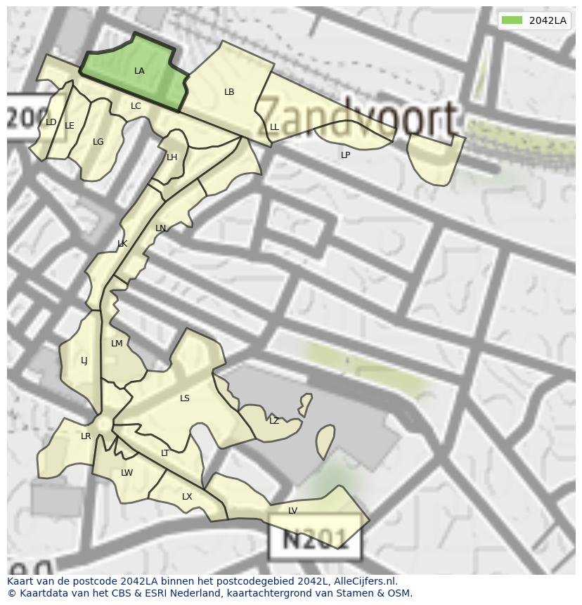 Afbeelding van het postcodegebied 2042 LA op de kaart.