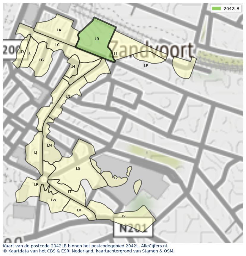 Afbeelding van het postcodegebied 2042 LB op de kaart.
