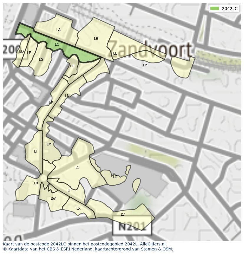 Afbeelding van het postcodegebied 2042 LC op de kaart.
