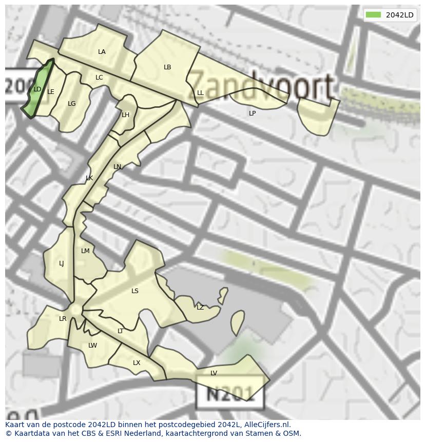 Afbeelding van het postcodegebied 2042 LD op de kaart.