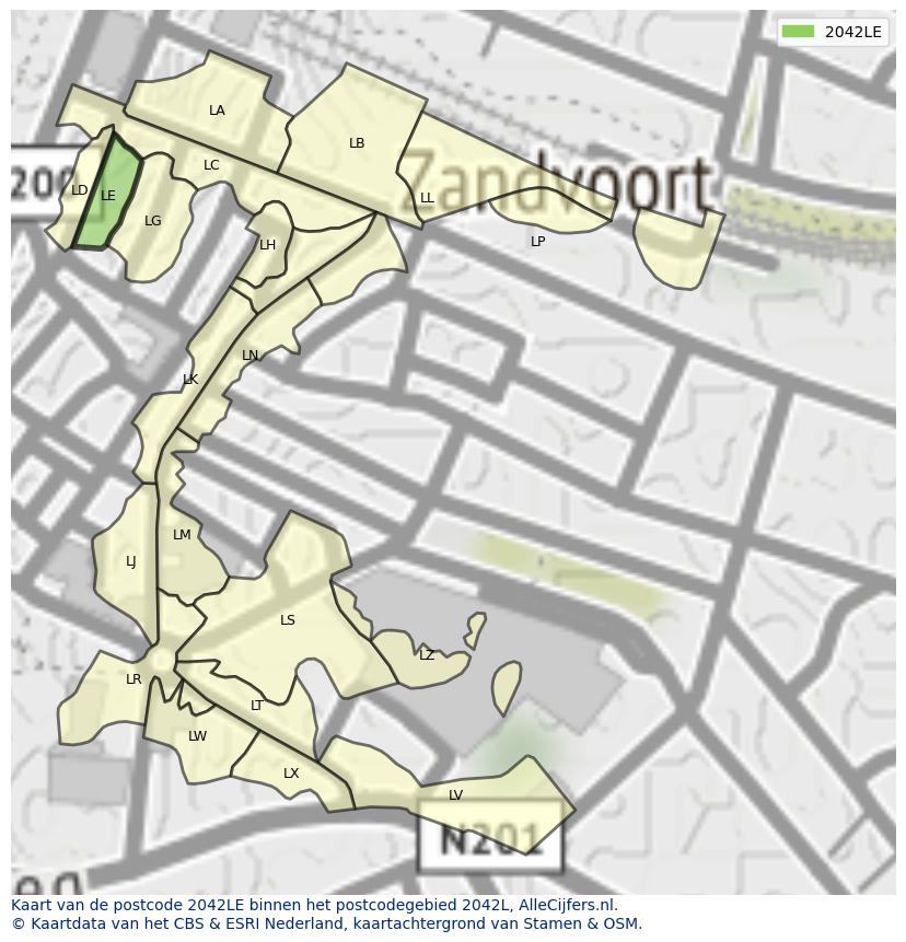 Afbeelding van het postcodegebied 2042 LE op de kaart.