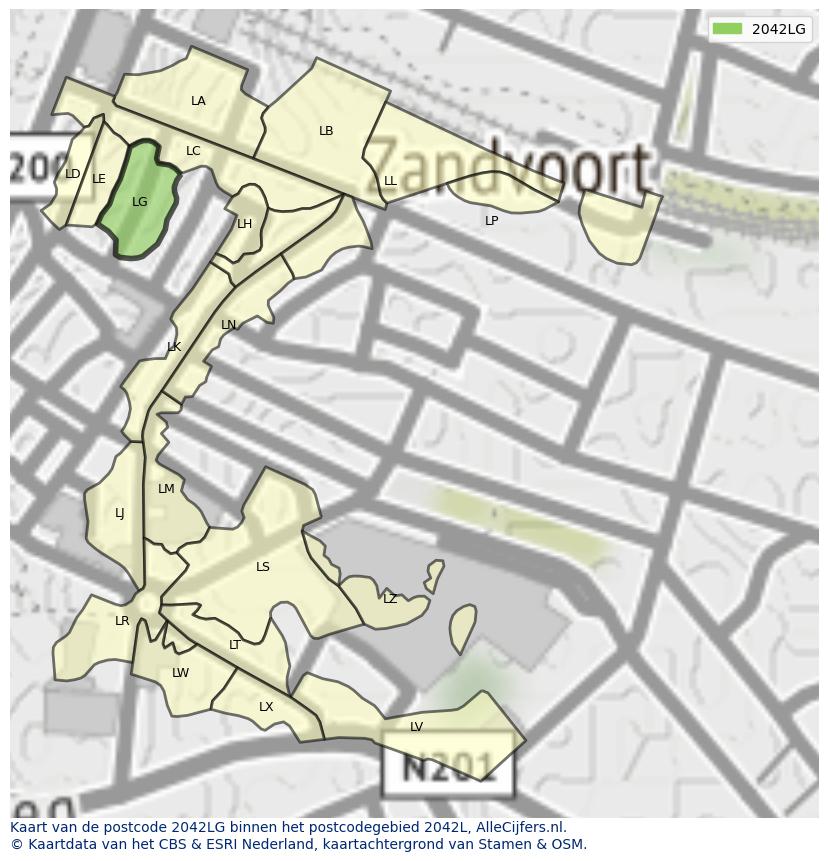 Afbeelding van het postcodegebied 2042 LG op de kaart.