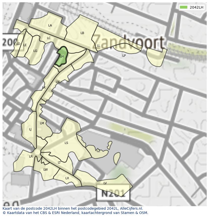 Afbeelding van het postcodegebied 2042 LH op de kaart.