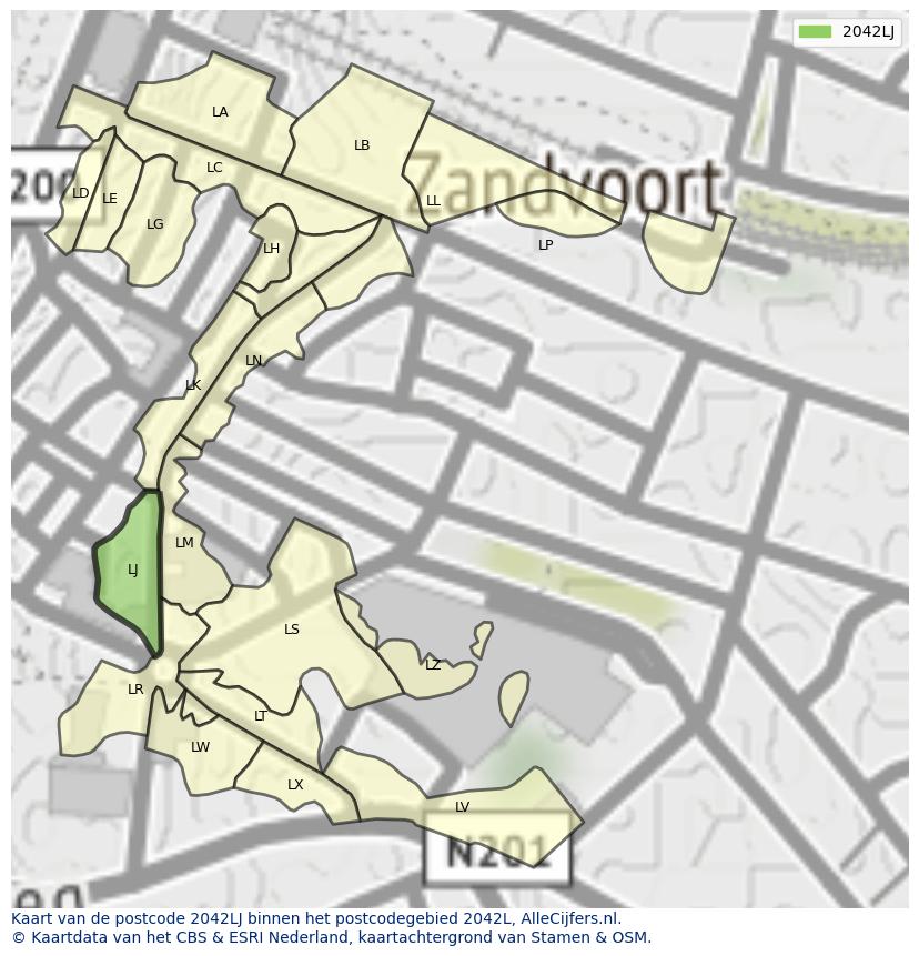 Afbeelding van het postcodegebied 2042 LJ op de kaart.