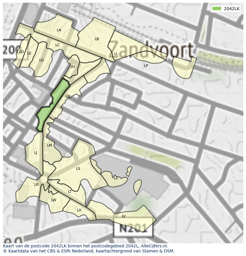 Afbeelding van het postcodegebied 2042 LK op de kaart.