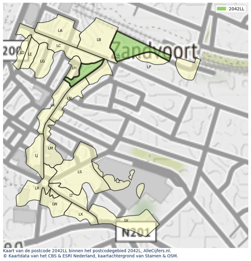 Afbeelding van het postcodegebied 2042 LL op de kaart.