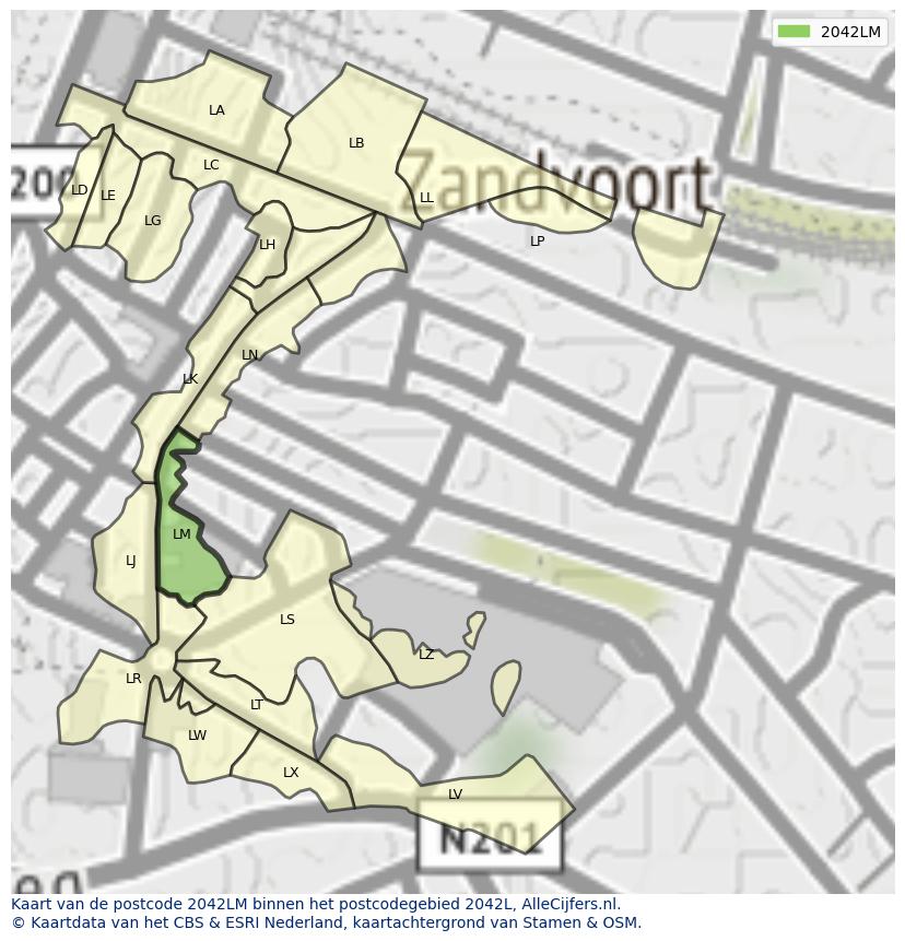 Afbeelding van het postcodegebied 2042 LM op de kaart.
