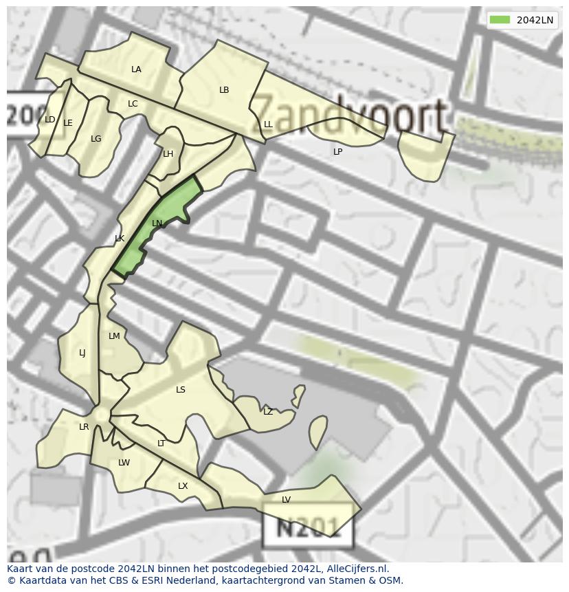Afbeelding van het postcodegebied 2042 LN op de kaart.