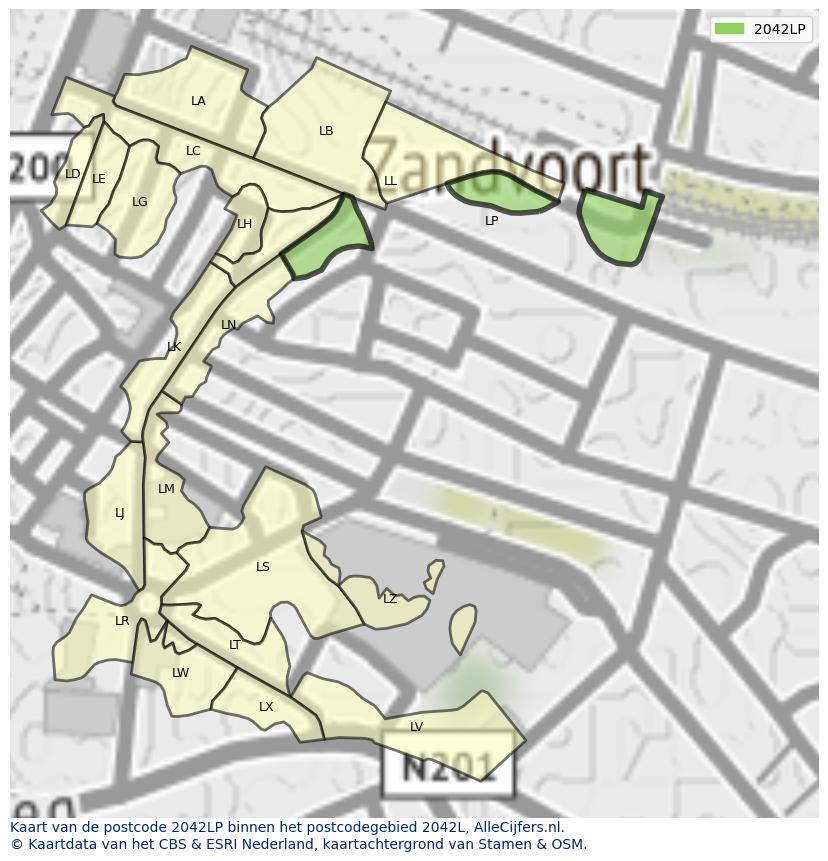 Afbeelding van het postcodegebied 2042 LP op de kaart.