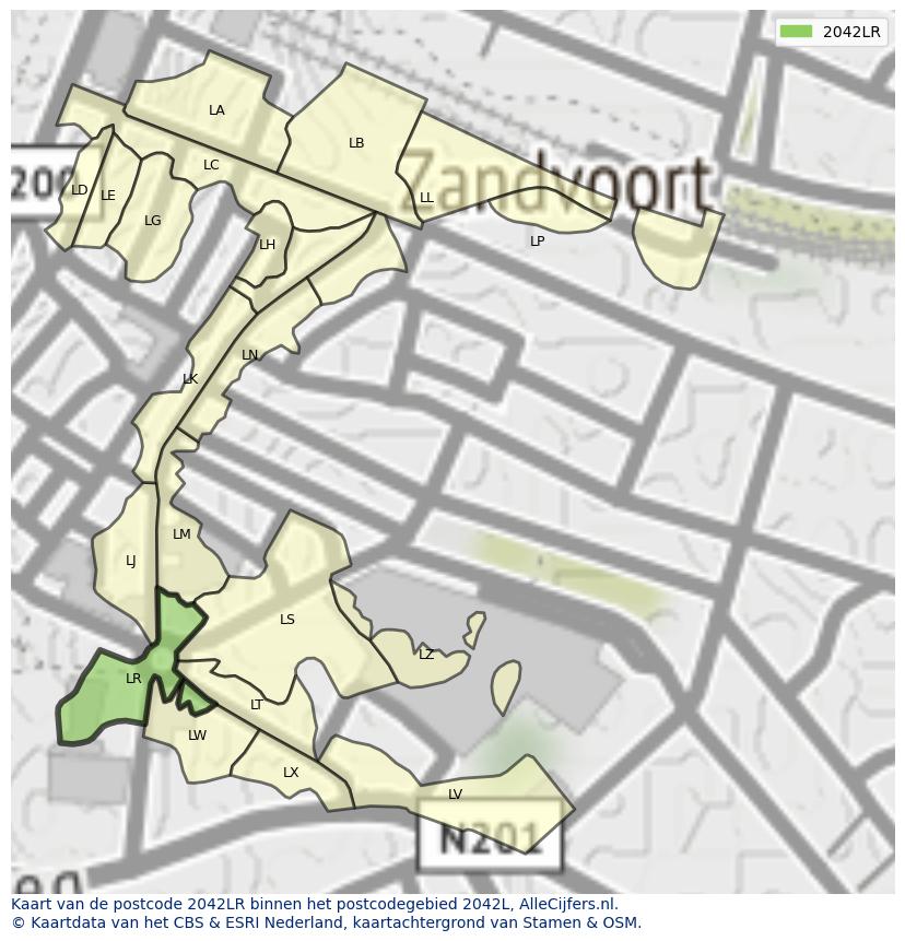 Afbeelding van het postcodegebied 2042 LR op de kaart.