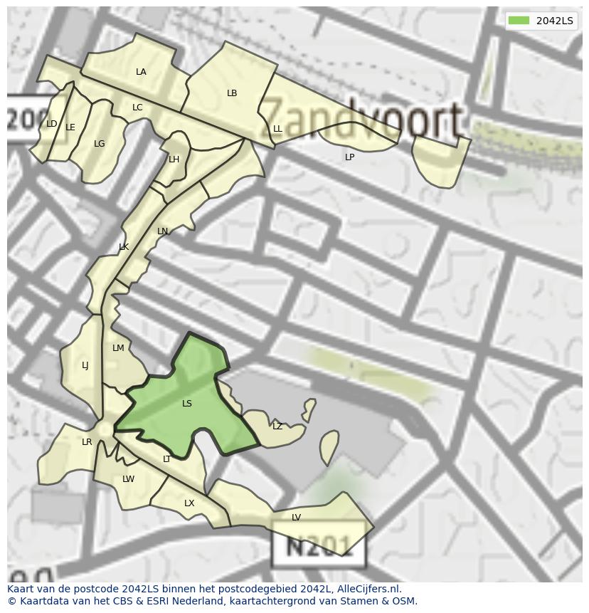 Afbeelding van het postcodegebied 2042 LS op de kaart.