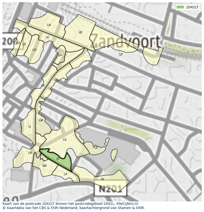 Afbeelding van het postcodegebied 2042 LT op de kaart.