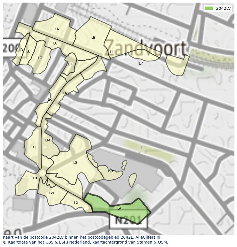 Afbeelding van het postcodegebied 2042 LV op de kaart.