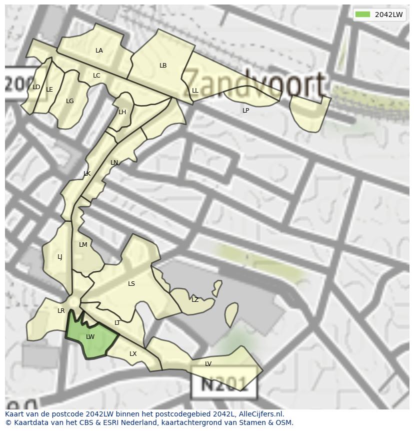 Afbeelding van het postcodegebied 2042 LW op de kaart.