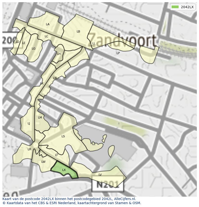 Afbeelding van het postcodegebied 2042 LX op de kaart.